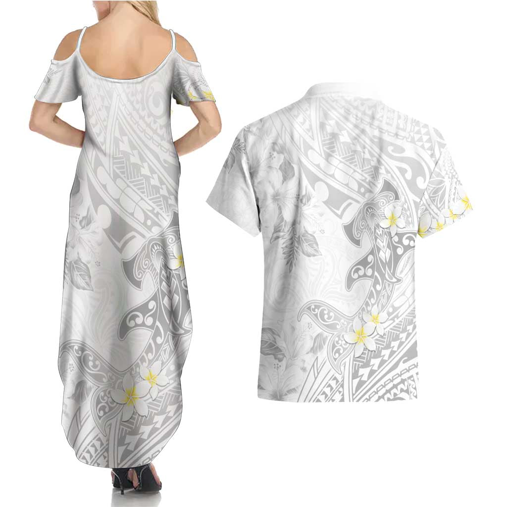 Polynesia Hammerhead Shark Couples Matching Summer Maxi Dress and Hawaiian Shirt Tropical Flowers Tribal Pattern White LT05 - Polynesian Pride
