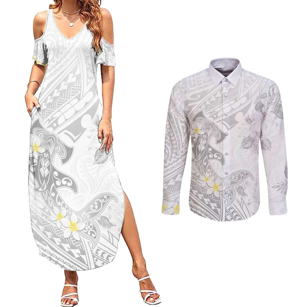 Polynesia Hammerhead Shark Couples Matching Summer Maxi Dress and Long Sleeve Button Shirt Tropical Flowers Tribal Pattern White LT05 White - Polynesian Pride