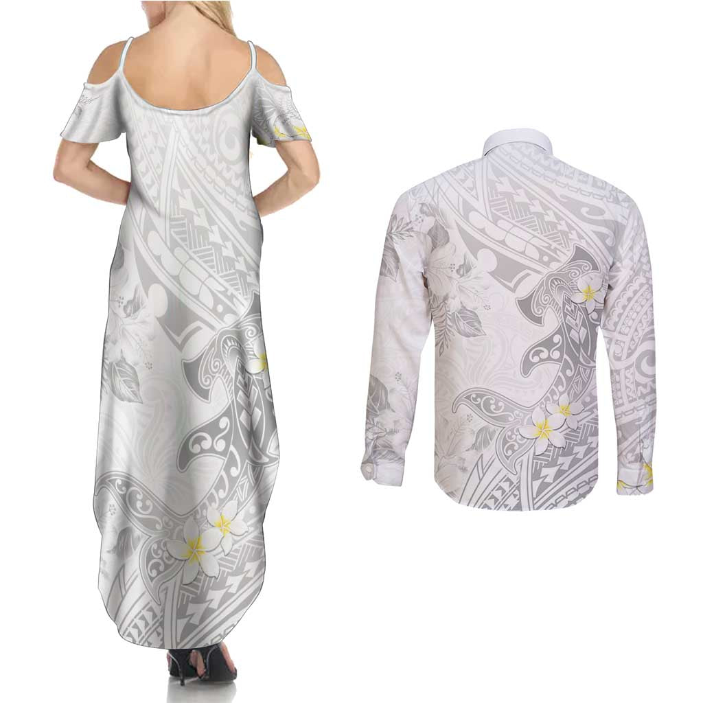 Polynesia Hammerhead Shark Couples Matching Summer Maxi Dress and Long Sleeve Button Shirt Tropical Flowers Tribal Pattern White LT05 - Polynesian Pride