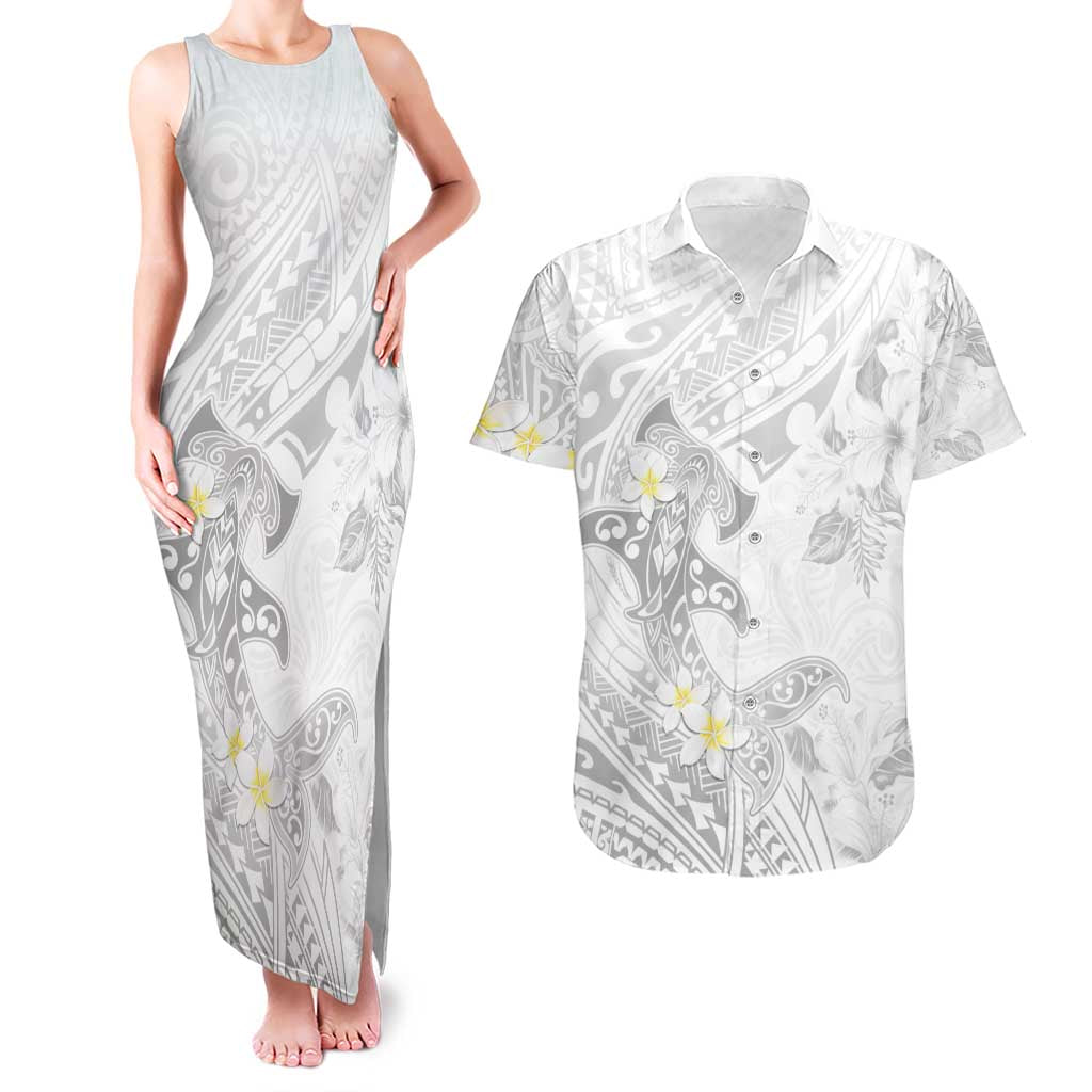 Polynesia Hammerhead Shark Couples Matching Tank Maxi Dress and Hawaiian Shirt Tropical Flowers Tribal Pattern White LT05 White - Polynesian Pride