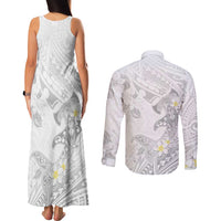 Polynesia Hammerhead Shark Couples Matching Tank Maxi Dress and Long Sleeve Button Shirt Tropical Flowers Tribal Pattern White LT05 - Polynesian Pride