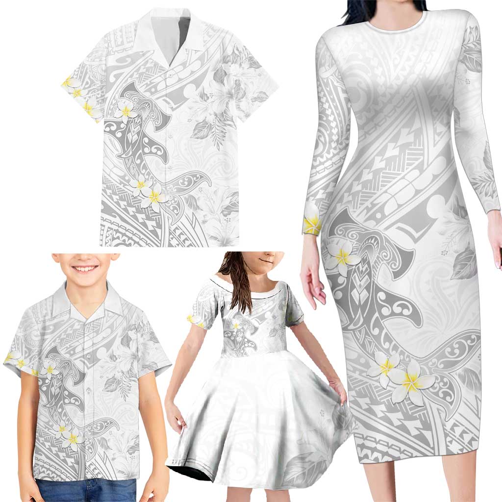 Polynesia Hammerhead Shark Family Matching Long Sleeve Bodycon Dress and Hawaiian Shirt Tropical Flowers Tribal Pattern White LT05 - Polynesian Pride