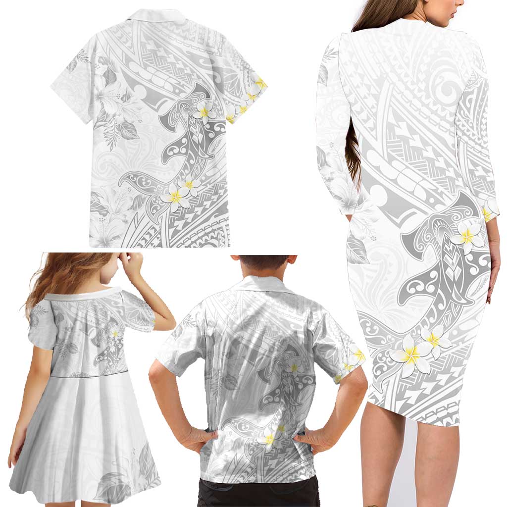 Polynesia Hammerhead Shark Family Matching Long Sleeve Bodycon Dress and Hawaiian Shirt Tropical Flowers Tribal Pattern White LT05 - Polynesian Pride