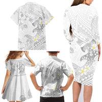 Polynesia Hammerhead Shark Family Matching Long Sleeve Bodycon Dress and Hawaiian Shirt Tropical Flowers Tribal Pattern White LT05 - Polynesian Pride