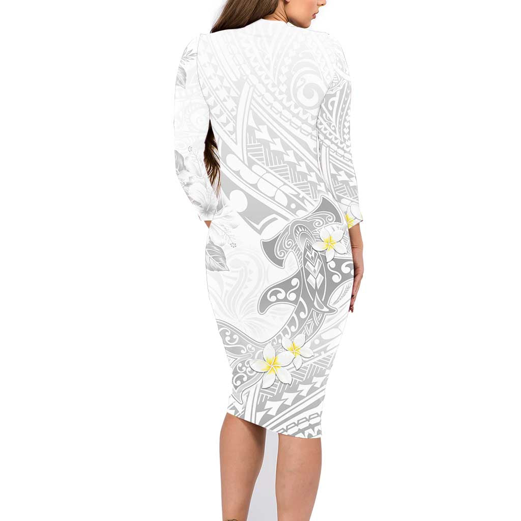 Polynesia Hammerhead Shark Family Matching Long Sleeve Bodycon Dress and Hawaiian Shirt Tropical Flowers Tribal Pattern White LT05 - Polynesian Pride