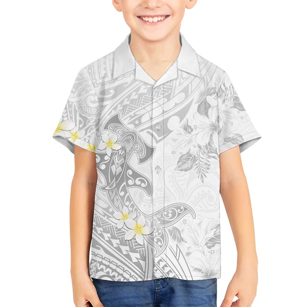 Polynesia Hammerhead Shark Family Matching Long Sleeve Bodycon Dress and Hawaiian Shirt Tropical Flowers Tribal Pattern White LT05 Son's Shirt White - Polynesian Pride