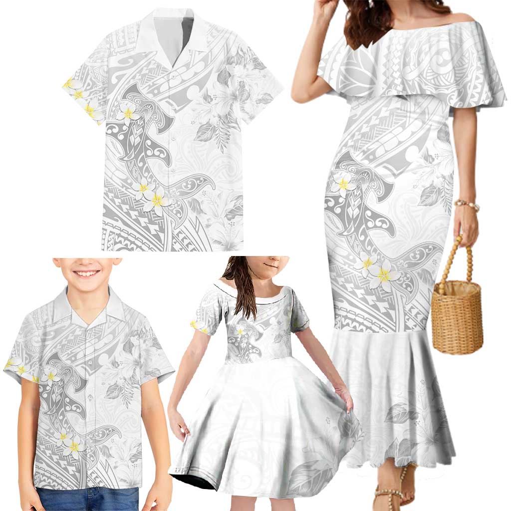 Polynesia Hammerhead Shark Family Matching Mermaid Dress and Hawaiian Shirt Tropical Flowers Tribal Pattern White