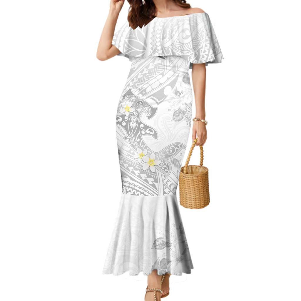 Polynesia Hammerhead Shark Family Matching Mermaid Dress and Hawaiian Shirt Tropical Flowers Tribal Pattern White LT05 Mom's Dress White - Polynesian Pride