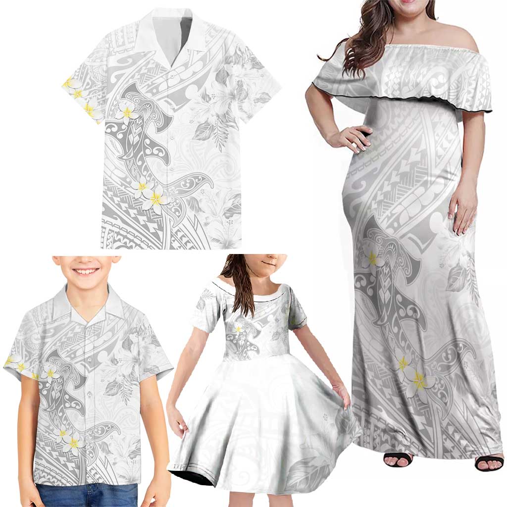 Polynesia Hammerhead Shark Family Matching Off Shoulder Maxi Dress and Hawaiian Shirt Tropical Flowers Tribal Pattern White