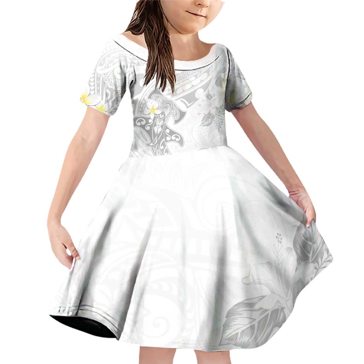 Polynesia Hammerhead Shark Family Matching Off Shoulder Short Dress and Hawaiian Shirt Tropical Flowers Tribal Pattern White LT05 Daughter's Dress White - Polynesian Pride