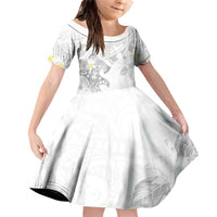 Polynesia Hammerhead Shark Family Matching Off Shoulder Short Dress and Hawaiian Shirt Tropical Flowers Tribal Pattern White LT05 Daughter's Dress White - Polynesian Pride