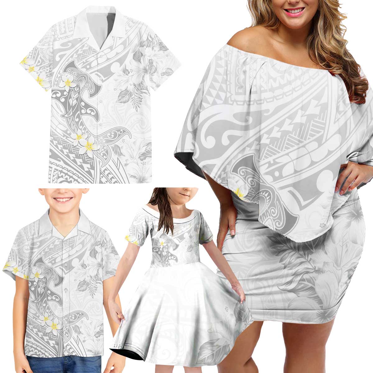 Polynesia Hammerhead Shark Family Matching Off Shoulder Short Dress and Hawaiian Shirt Tropical Flowers Tribal Pattern White