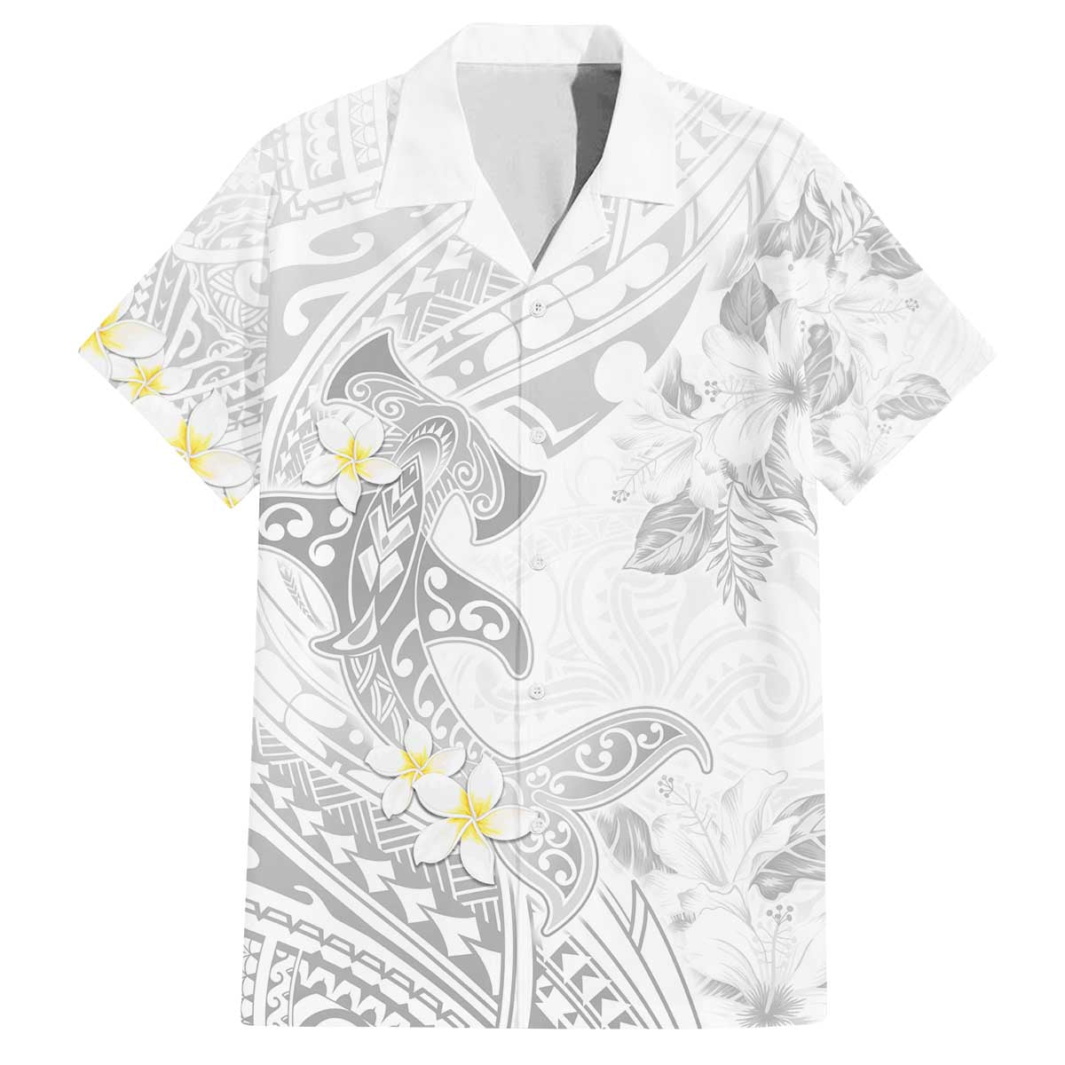 Polynesia Hammerhead Shark Family Matching Off Shoulder Short Dress and Hawaiian Shirt Tropical Flowers Tribal Pattern White LT05 Dad's Shirt - Short Sleeve White - Polynesian Pride