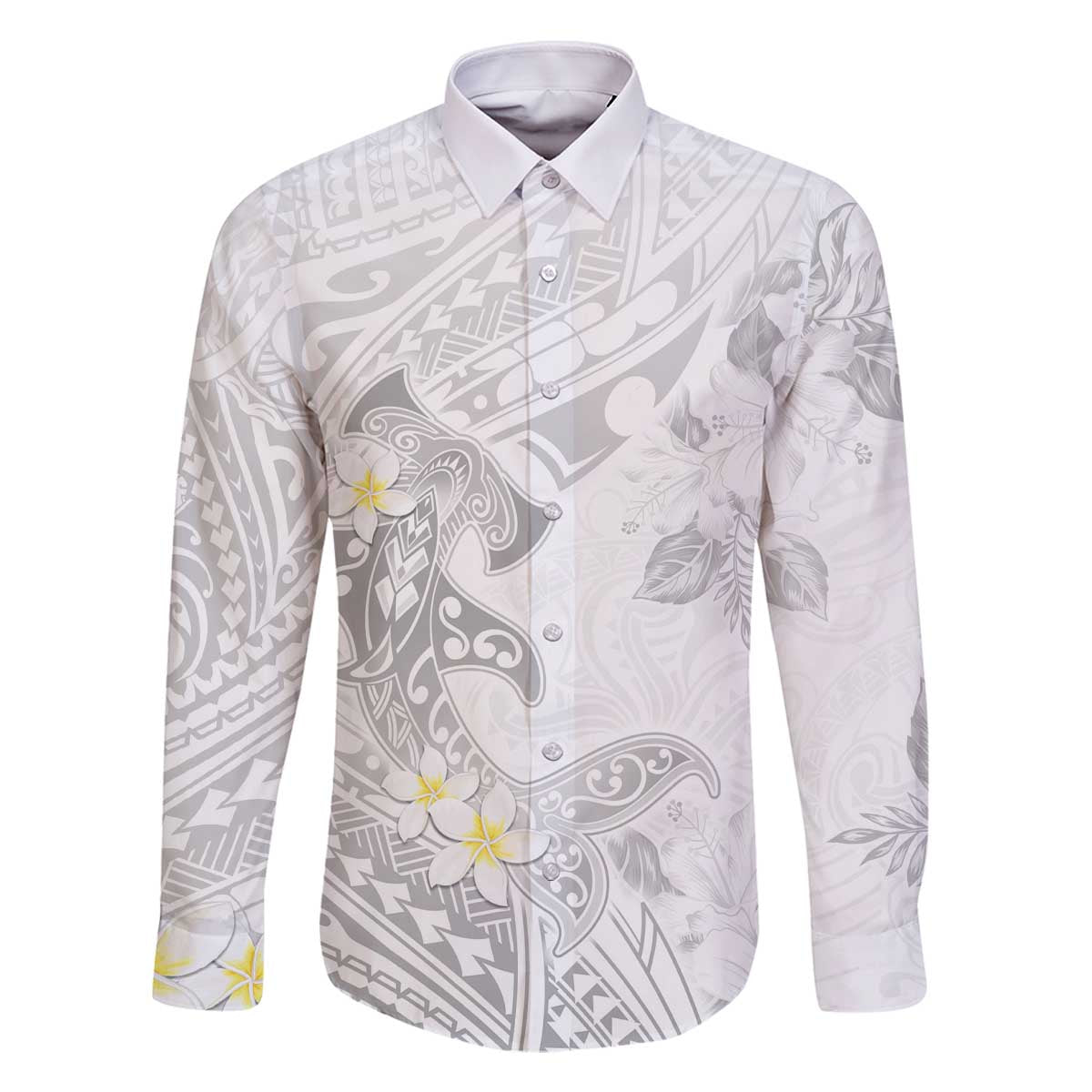 Polynesia Hammerhead Shark Family Matching Off Shoulder Short Dress and Hawaiian Shirt Tropical Flowers Tribal Pattern White LT05 Dad's Shirt - Long Sleeve White - Polynesian Pride