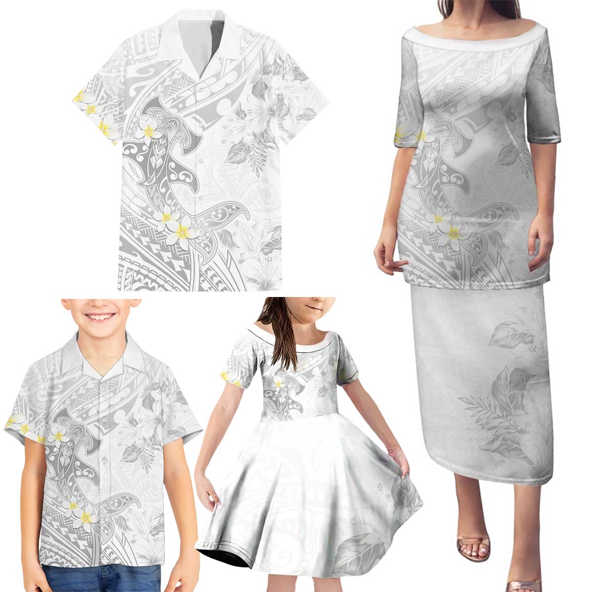 Polynesia Hammerhead Shark Family Matching Puletasi and Hawaiian Shirt Tropical Flowers Tribal Pattern White