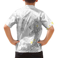 Polynesia Hammerhead Shark Family Matching Short Sleeve Bodycon Dress and Hawaiian Shirt Tropical Flowers Tribal Pattern White