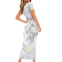 Polynesia Hammerhead Shark Family Matching Short Sleeve Bodycon Dress and Hawaiian Shirt Tropical Flowers Tribal Pattern White