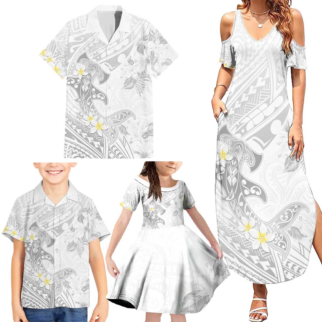 Polynesia Hammerhead Shark Family Matching Summer Maxi Dress and Hawaiian Shirt Tropical Flowers Tribal Pattern White