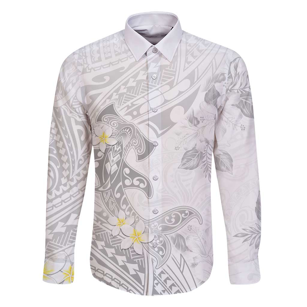 Polynesia Hammerhead Shark Family Matching Summer Maxi Dress and Hawaiian Shirt Tropical Flowers Tribal Pattern White LT05 Dad's Shirt - Long Sleeve White - Polynesian Pride