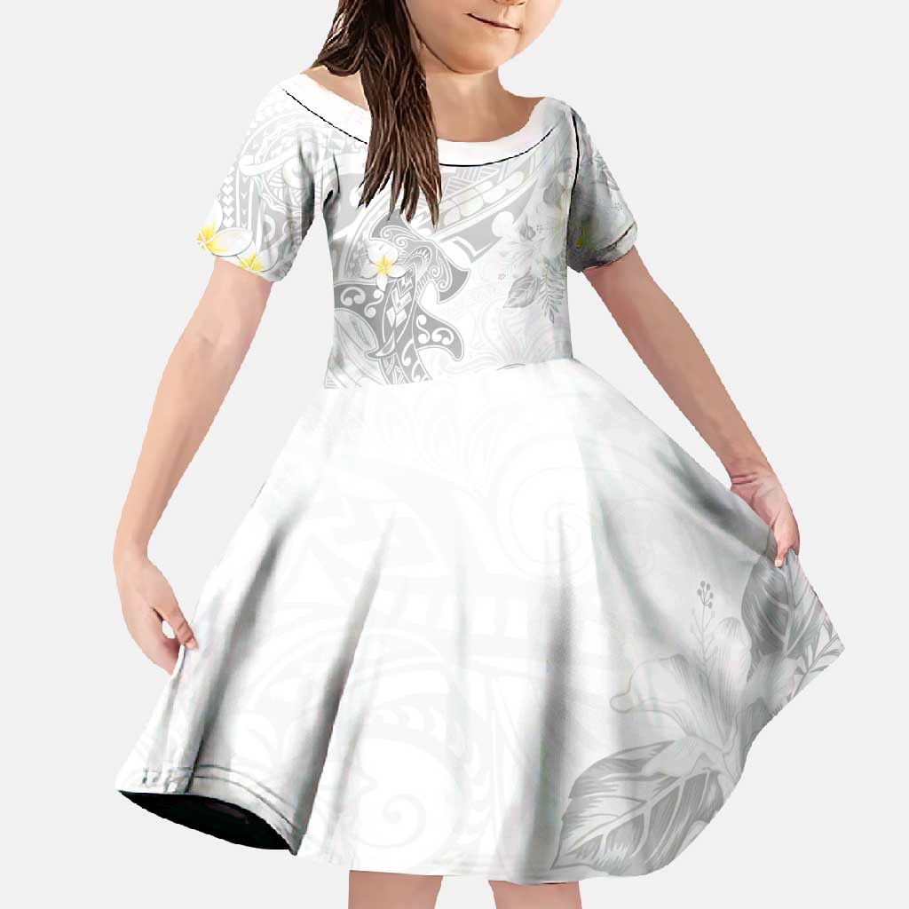 Polynesia Hammerhead Shark Family Matching Tank Maxi Dress and Hawaiian Shirt Tropical Flowers Tribal Pattern White LT05 Daughter's Dress White - Polynesian Pride