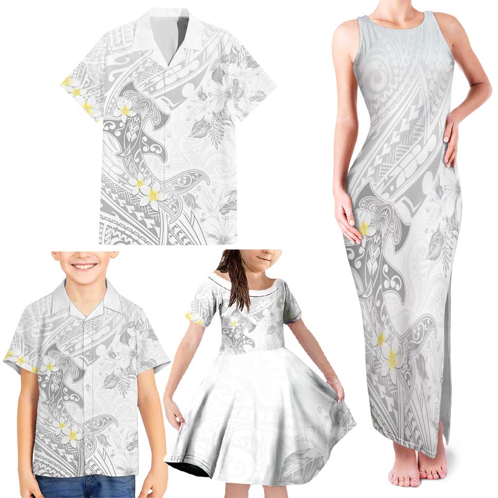 Polynesia Hammerhead Shark Family Matching Tank Maxi Dress and Hawaiian Shirt Tropical Flowers Tribal Pattern White