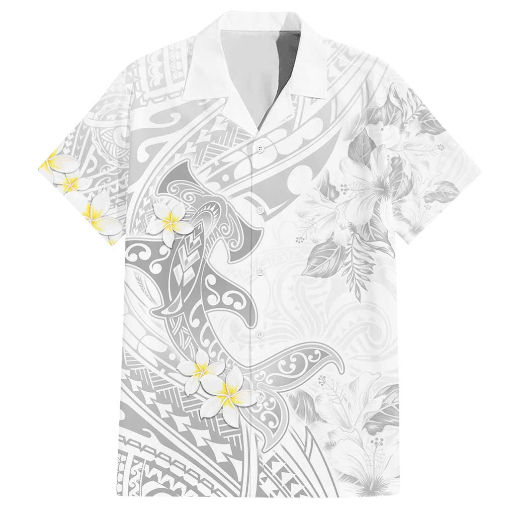 Polynesia Hammerhead Shark Hawaiian Shirt Tropical Flowers Tribal Pattern White LT05 White - Polynesian Pride