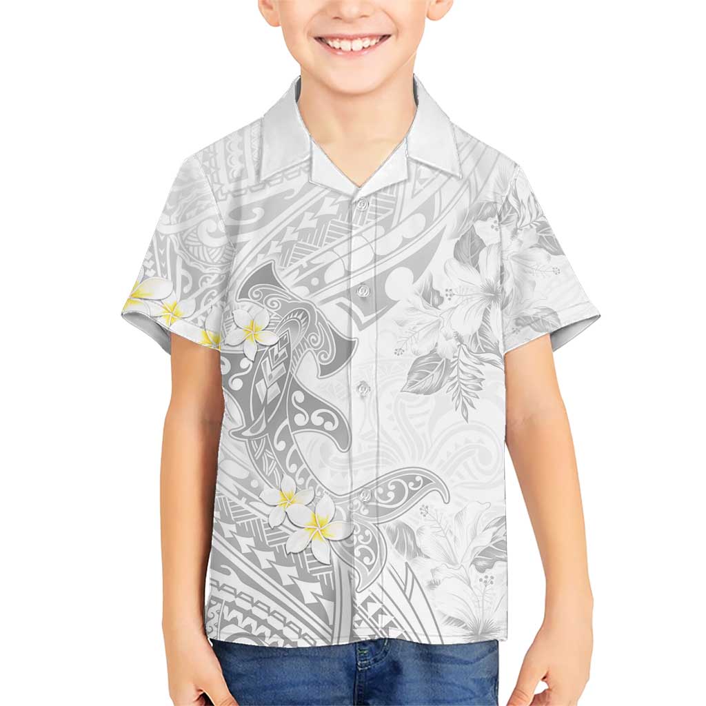 Polynesia Hammerhead Shark Hawaiian Shirt Tropical Flowers Tribal Pattern White LT05 - Polynesian Pride