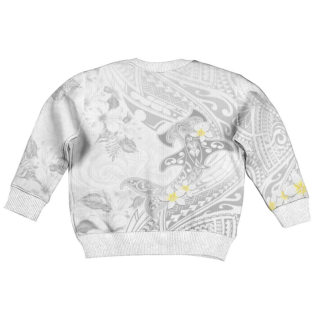 Polynesia Hammerhead Shark Kid Ugly Christmas Sweater Tropical Flowers Tribal Pattern White