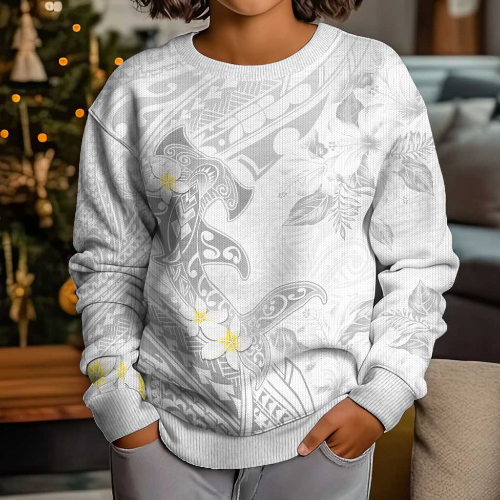 Polynesia Hammerhead Shark Kid Ugly Christmas Sweater Tropical Flowers Tribal Pattern White