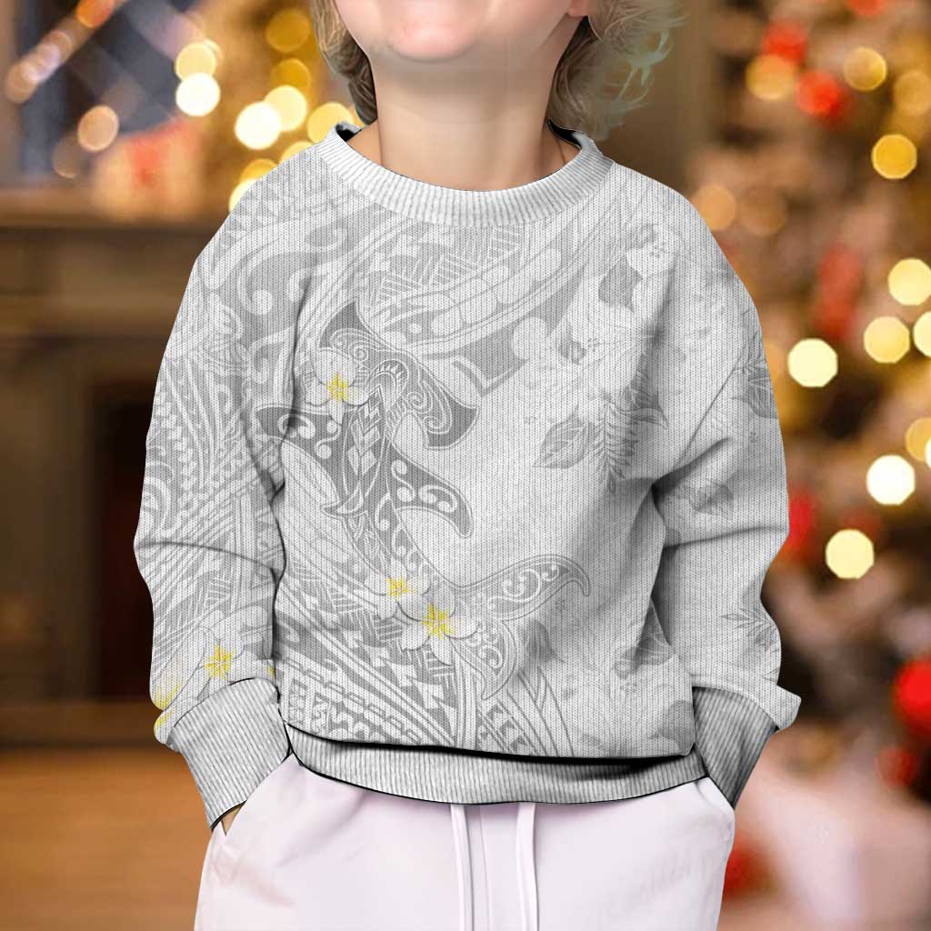 Polynesia Hammerhead Shark Kid Ugly Christmas Sweater Tropical Flowers Tribal Pattern White