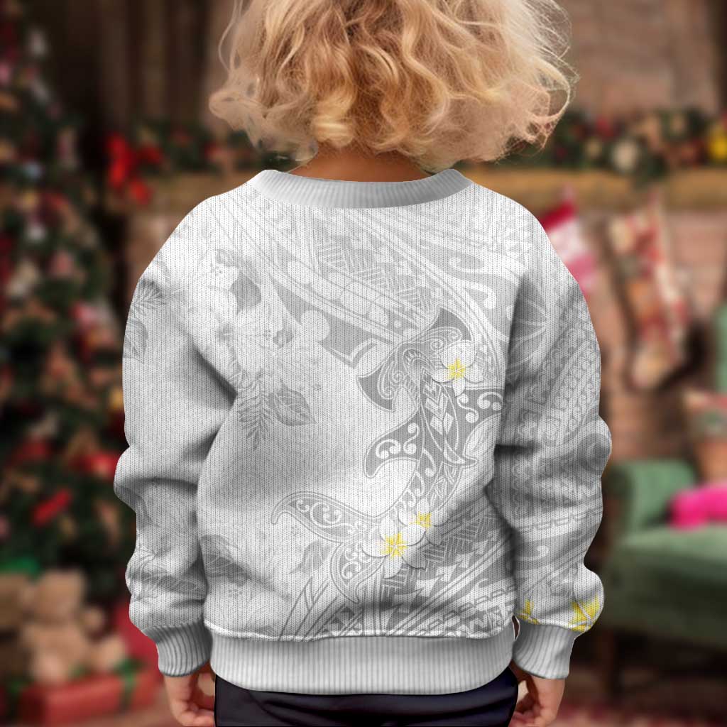 Polynesia Hammerhead Shark Kid Ugly Christmas Sweater Tropical Flowers Tribal Pattern White