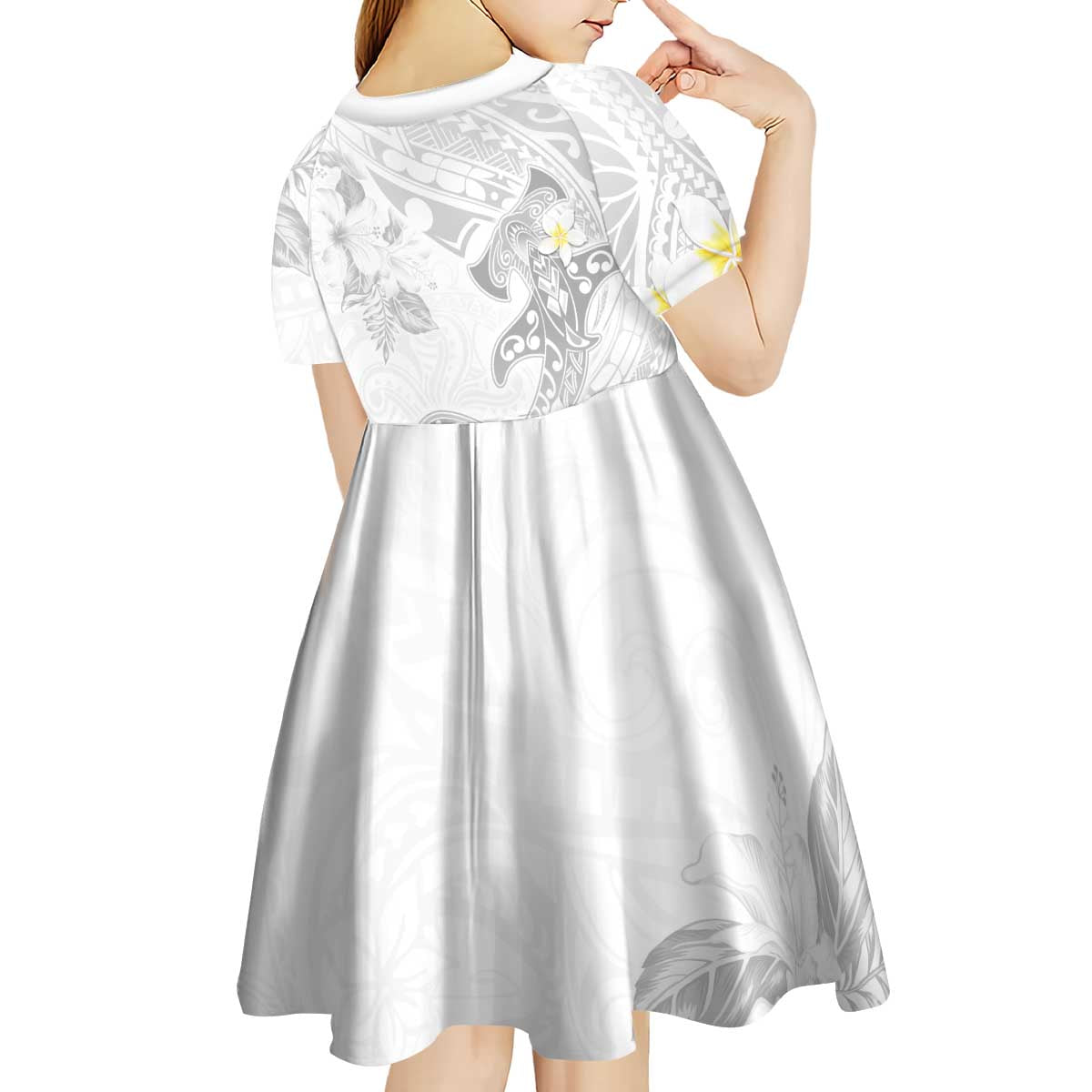 Polynesia Hammerhead Shark Kid Short Sleeve Dress Tropical Flowers Tribal Pattern White