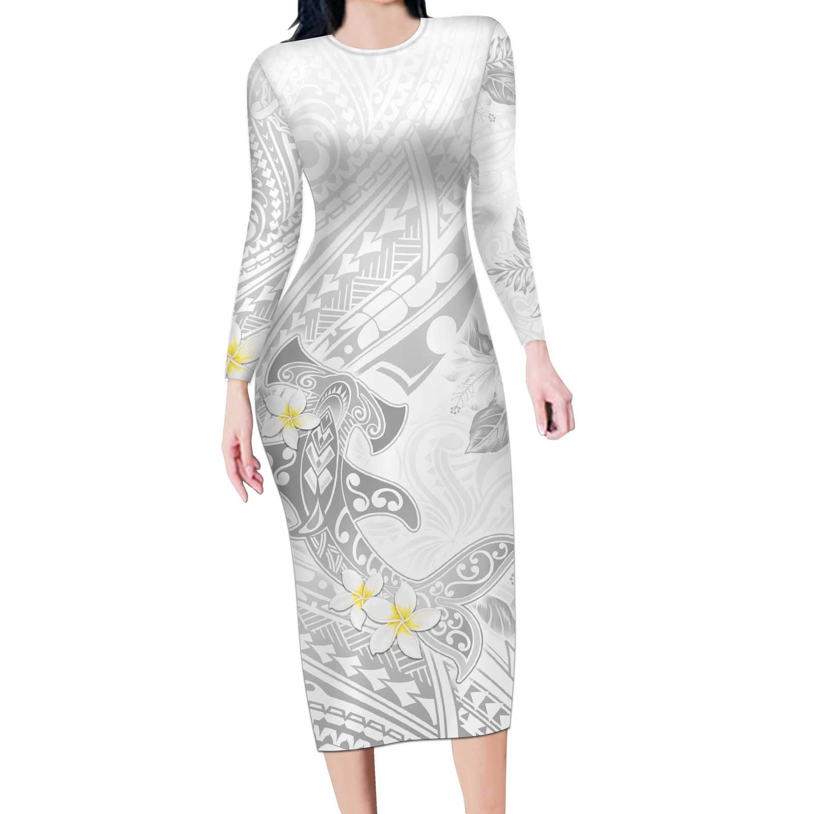 Polynesia Hammerhead Shark Long Sleeve Bodycon Dress Tropical Flowers Tribal Pattern White