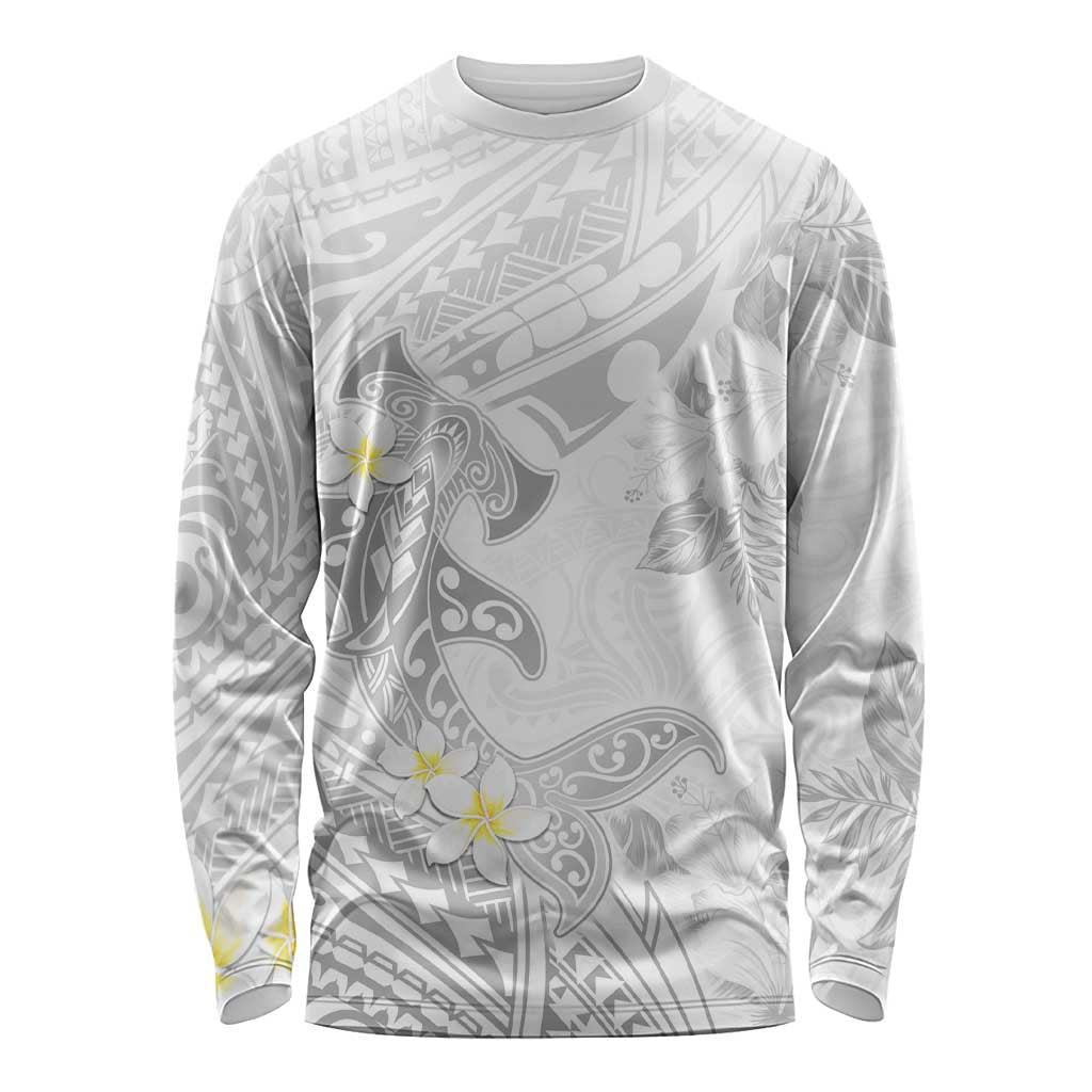 Polynesia Hammerhead Shark Long Sleeve Shirt Tropical Flowers Tribal Pattern White