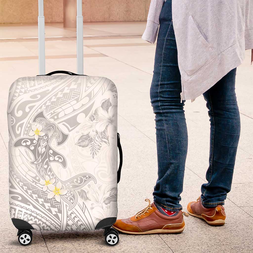 Polynesia Hammerhead Shark Luggage Cover Tropical Flowers Tribal Pattern White