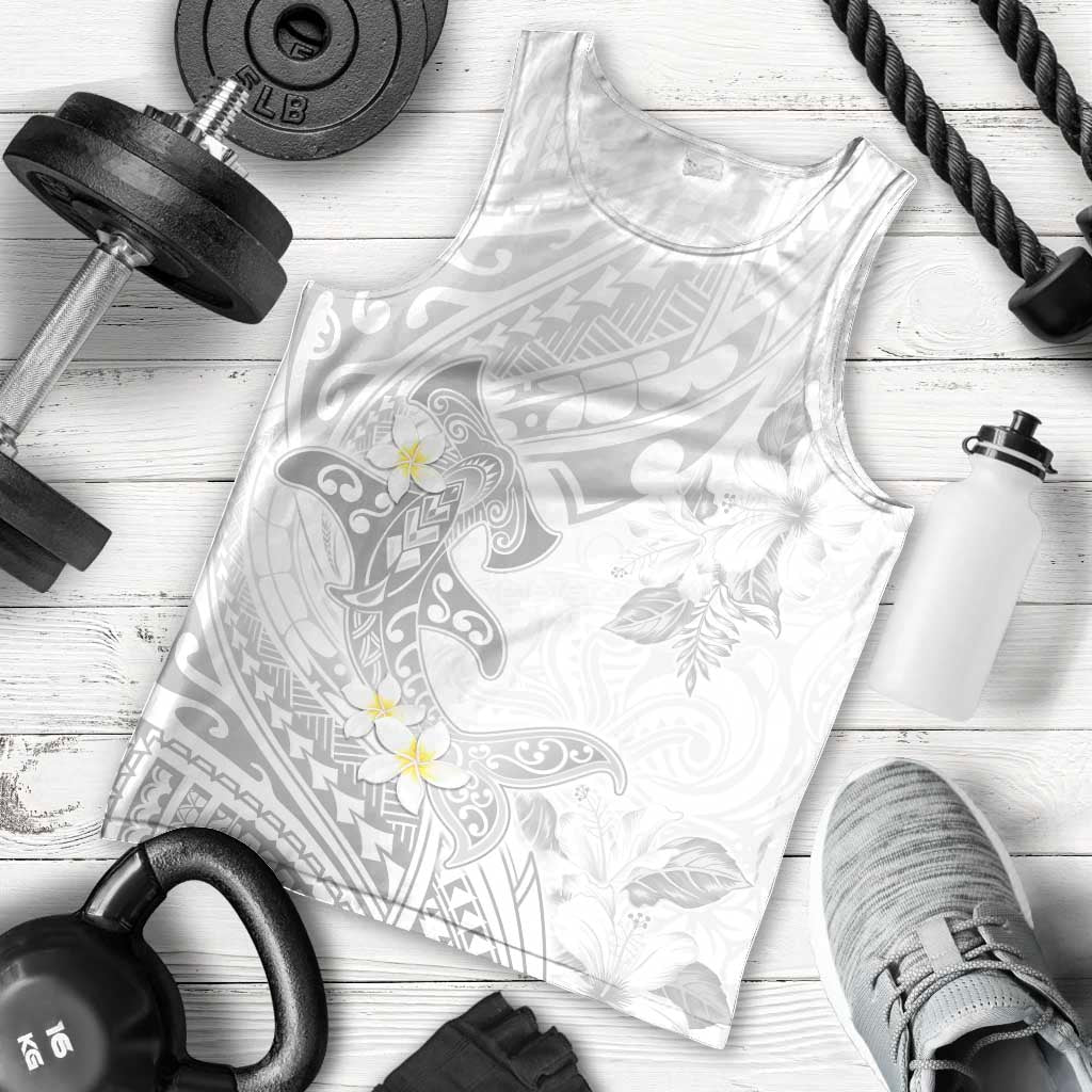 Polynesia Hammerhead Shark Men Tank Top Tropical Flowers Tribal Pattern White LT05 - Polynesian Pride