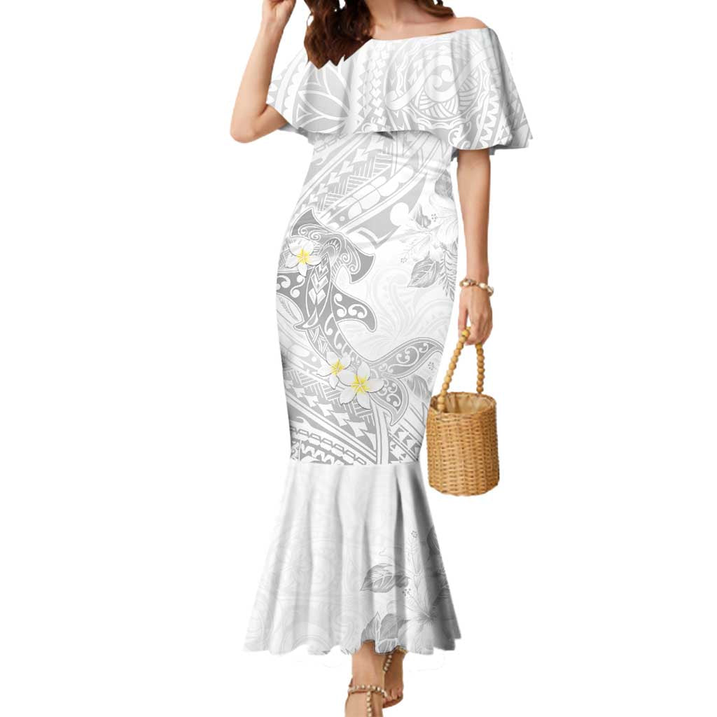 Polynesia Hammerhead Shark Mermaid Dress Tropical Flowers Tribal Pattern White