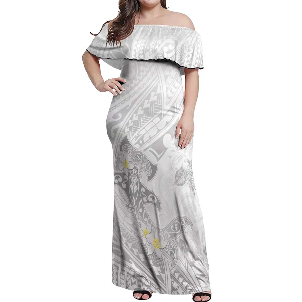 Polynesia Hammerhead Shark Off Shoulder Maxi Dress Tropical Flowers Tribal Pattern White LT05 Women White - Polynesian Pride