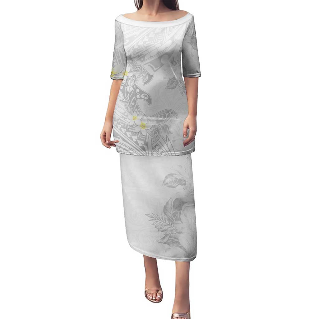 Polynesia Hammerhead Shark Puletasi Tropical Flowers Tribal Pattern White LT05 Long Dress White - Polynesian Pride