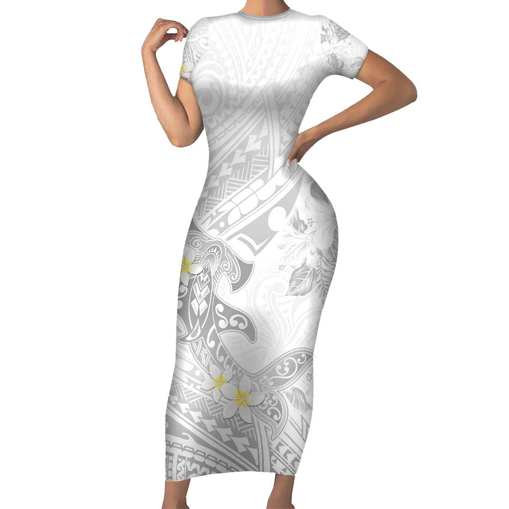 Polynesia Hammerhead Shark Short Sleeve Bodycon Dress Tropical Flowers Tribal Pattern White