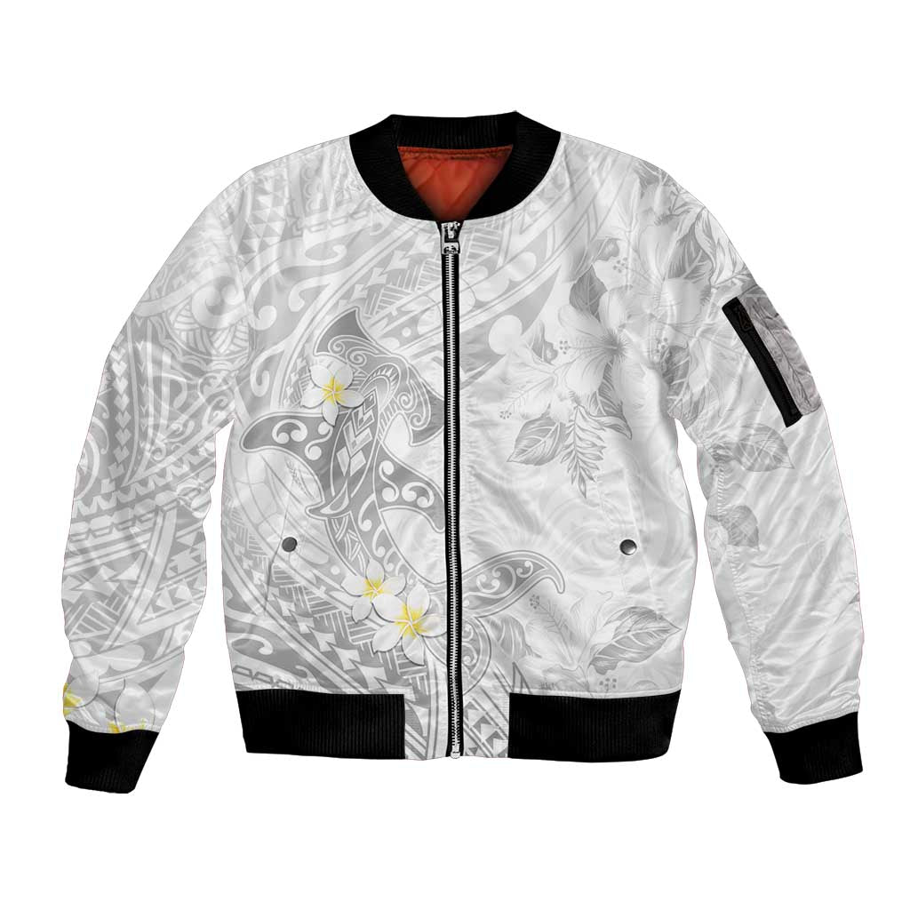 Polynesia Hammerhead Shark Sleeve Zip Bomber Jacket Tropical Flowers Tribal Pattern White