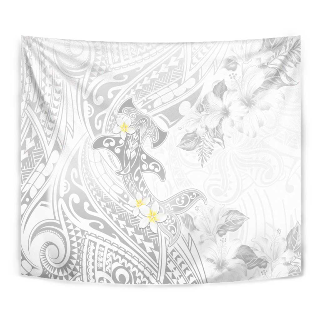 Polynesia Hammerhead Shark Tapestry Tropical Flowers Tribal Pattern White