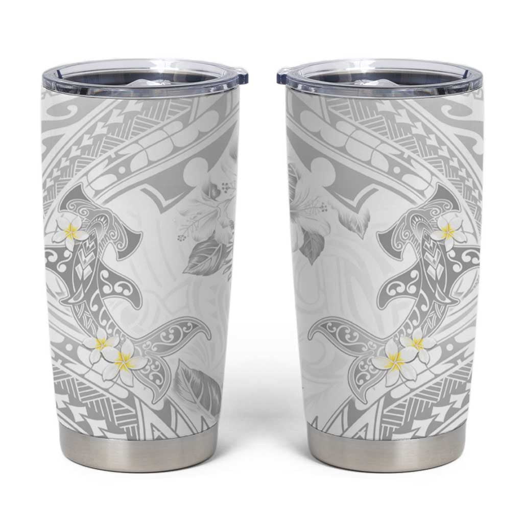 Polynesia Hammerhead Shark Tumbler Cup Tropical Flowers Tribal Pattern White