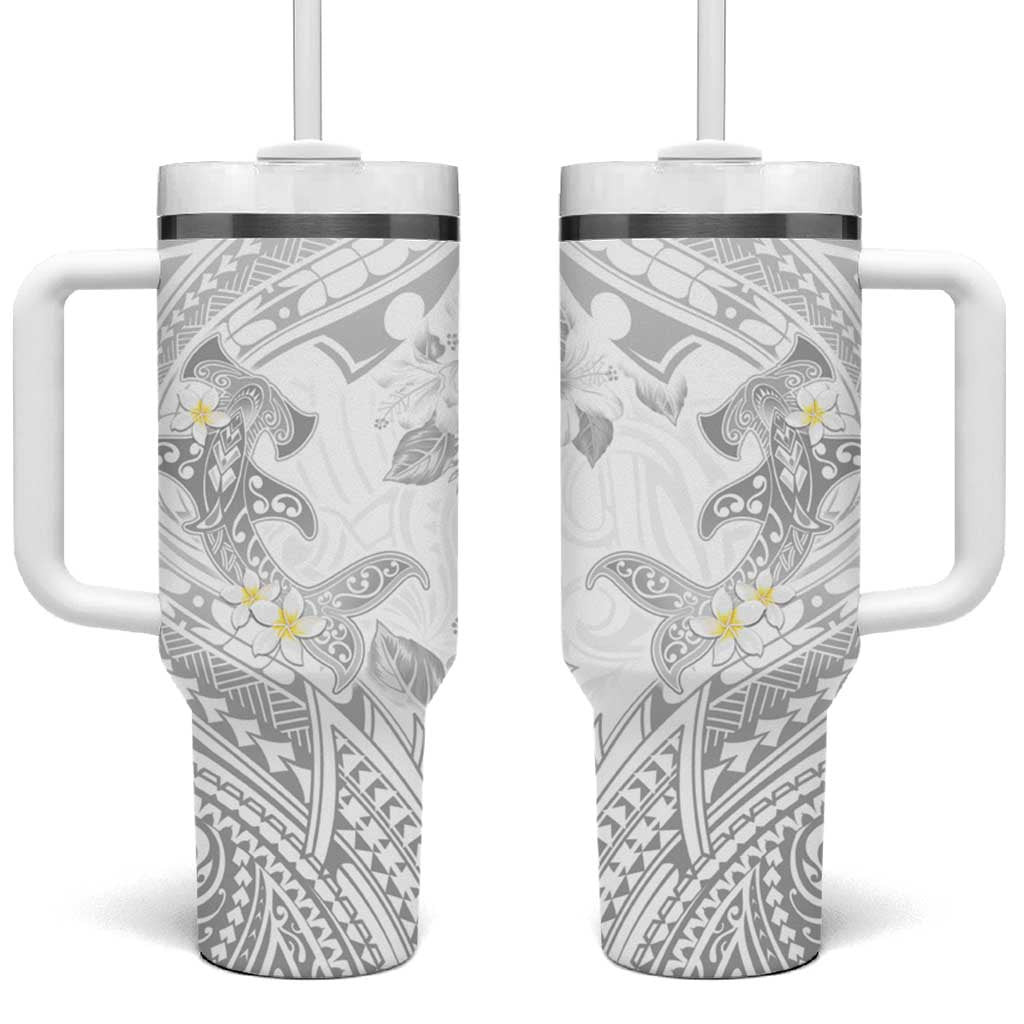 Polynesia Hammerhead Shark Tumbler With Handle Tropical Flowers Tribal Pattern White