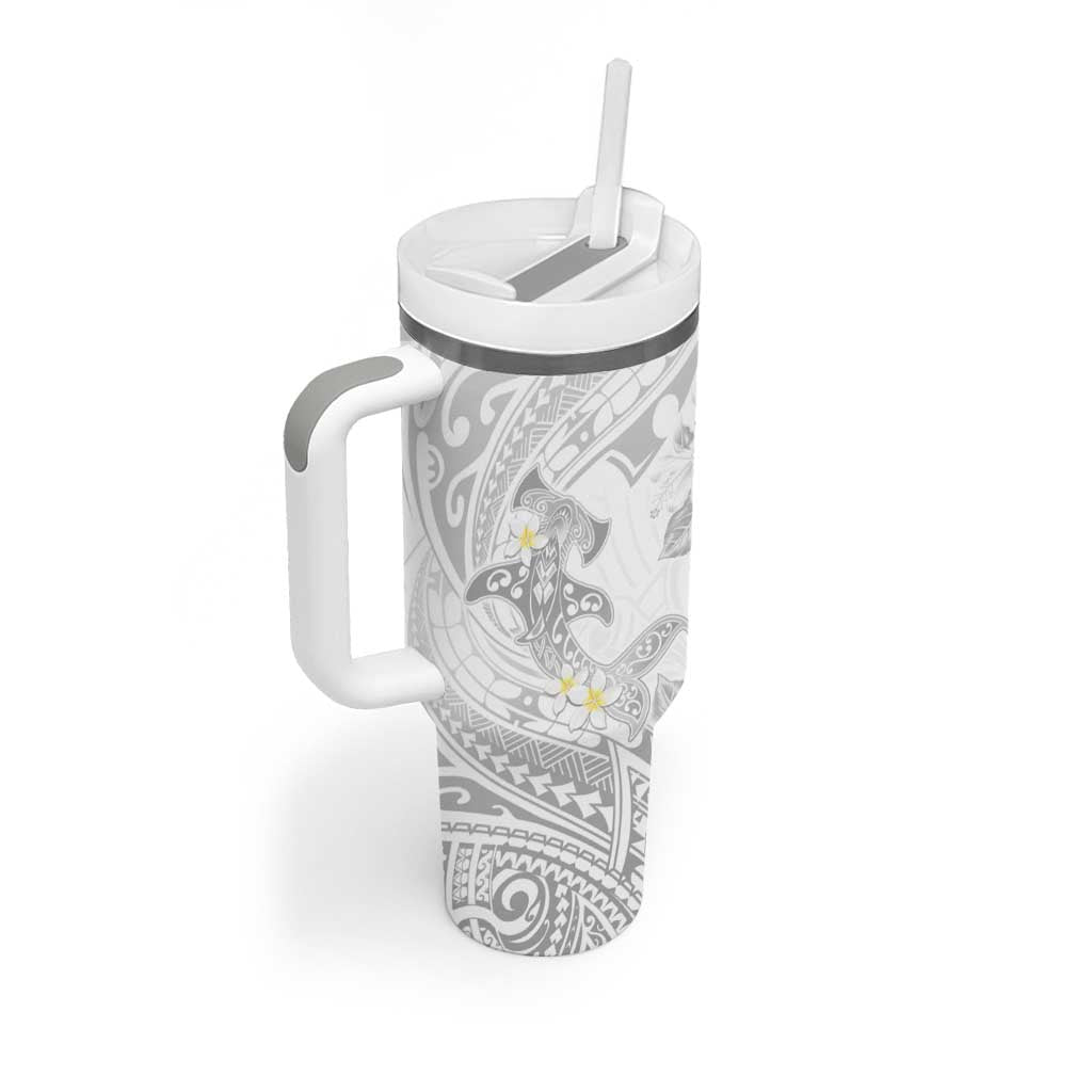 Polynesia Hammerhead Shark Tumbler With Handle Tropical Flowers Tribal Pattern White LT05 - Polynesian Pride