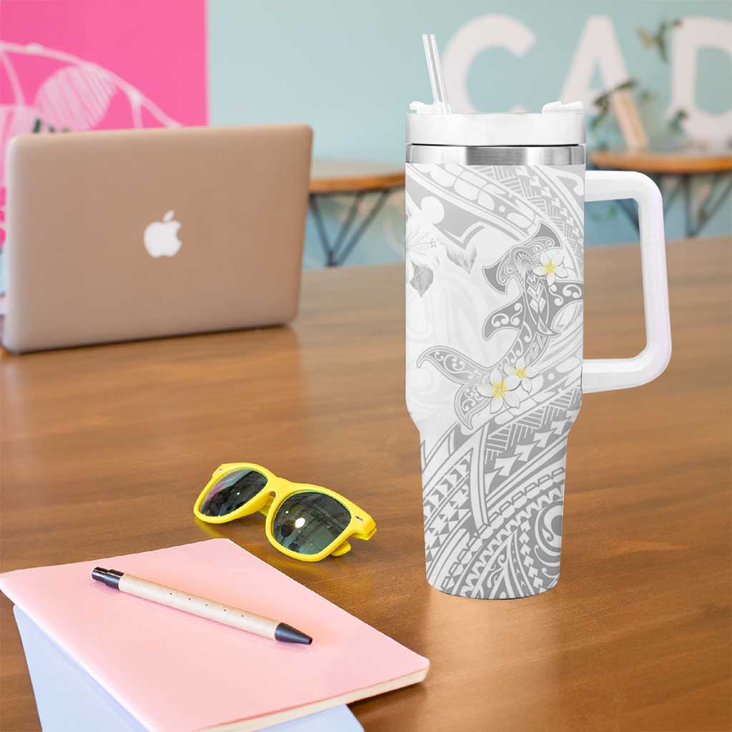 Polynesia Hammerhead Shark Tumbler With Handle Tropical Flowers Tribal Pattern White LT05 - Polynesian Pride