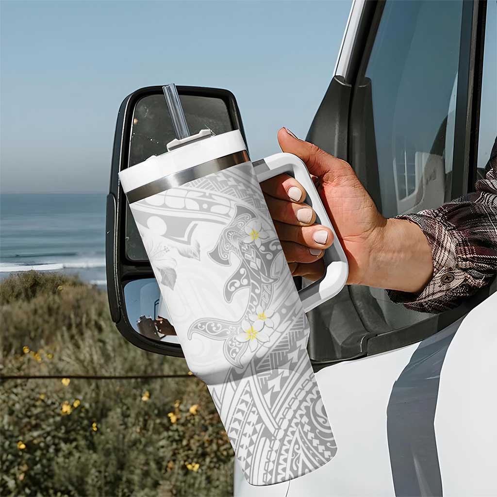 Polynesia Hammerhead Shark Tumbler With Handle Tropical Flowers Tribal Pattern White LT05 - Polynesian Pride