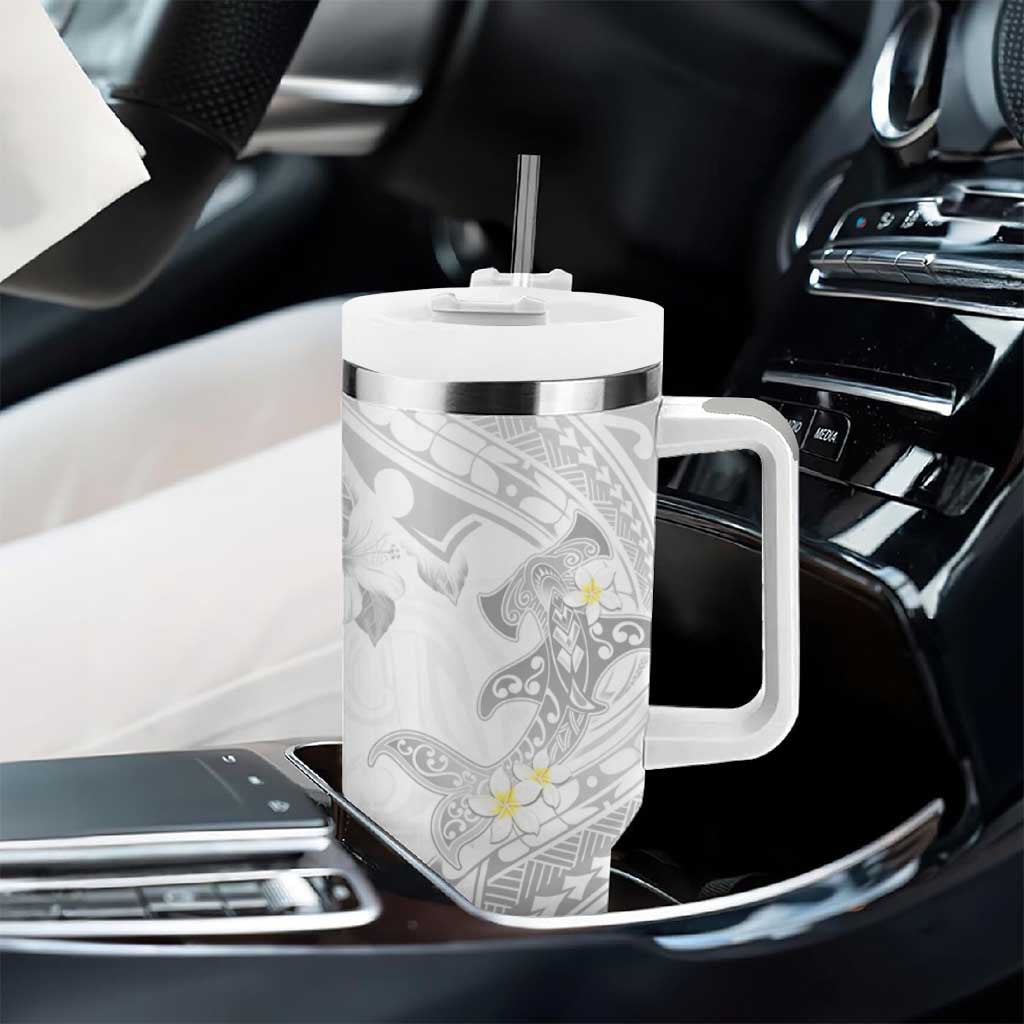 Polynesia Hammerhead Shark Tumbler With Handle Tropical Flowers Tribal Pattern White LT05 - Polynesian Pride