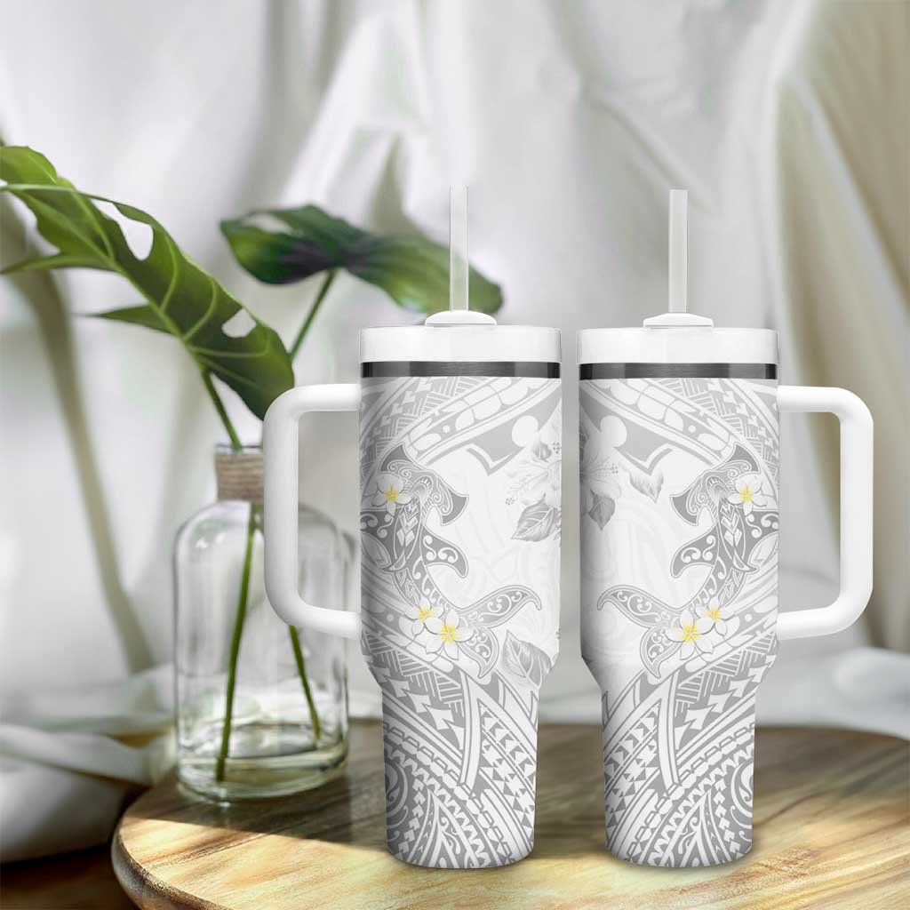 Polynesia Hammerhead Shark Tumbler With Handle Tropical Flowers Tribal Pattern White LT05 - Polynesian Pride