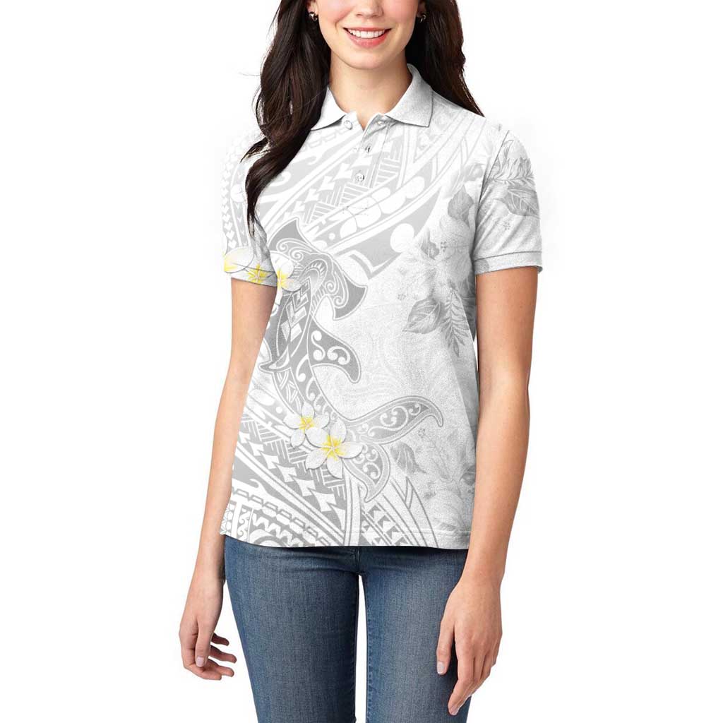 Polynesia Hammerhead Shark Women Polo Shirt Tropical Flowers Tribal Pattern White